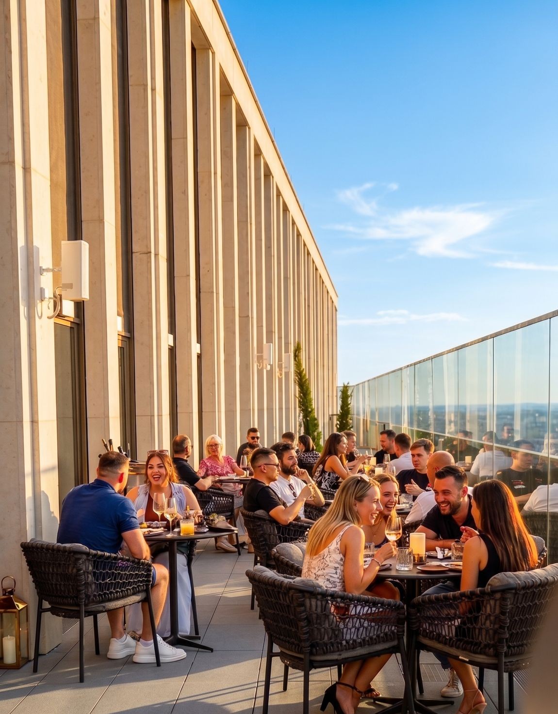 Menschen sitzen auf einer sonnigen Terrasse