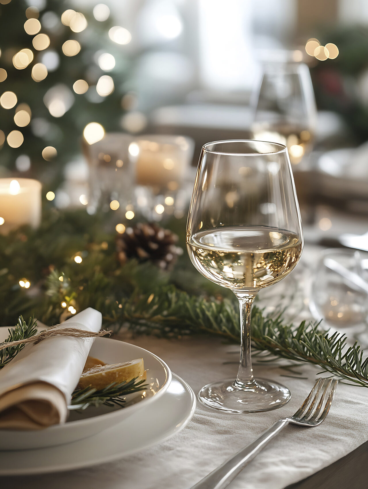 Glas Wein steht auf einem weihnachtlich dekorierten Tisch
