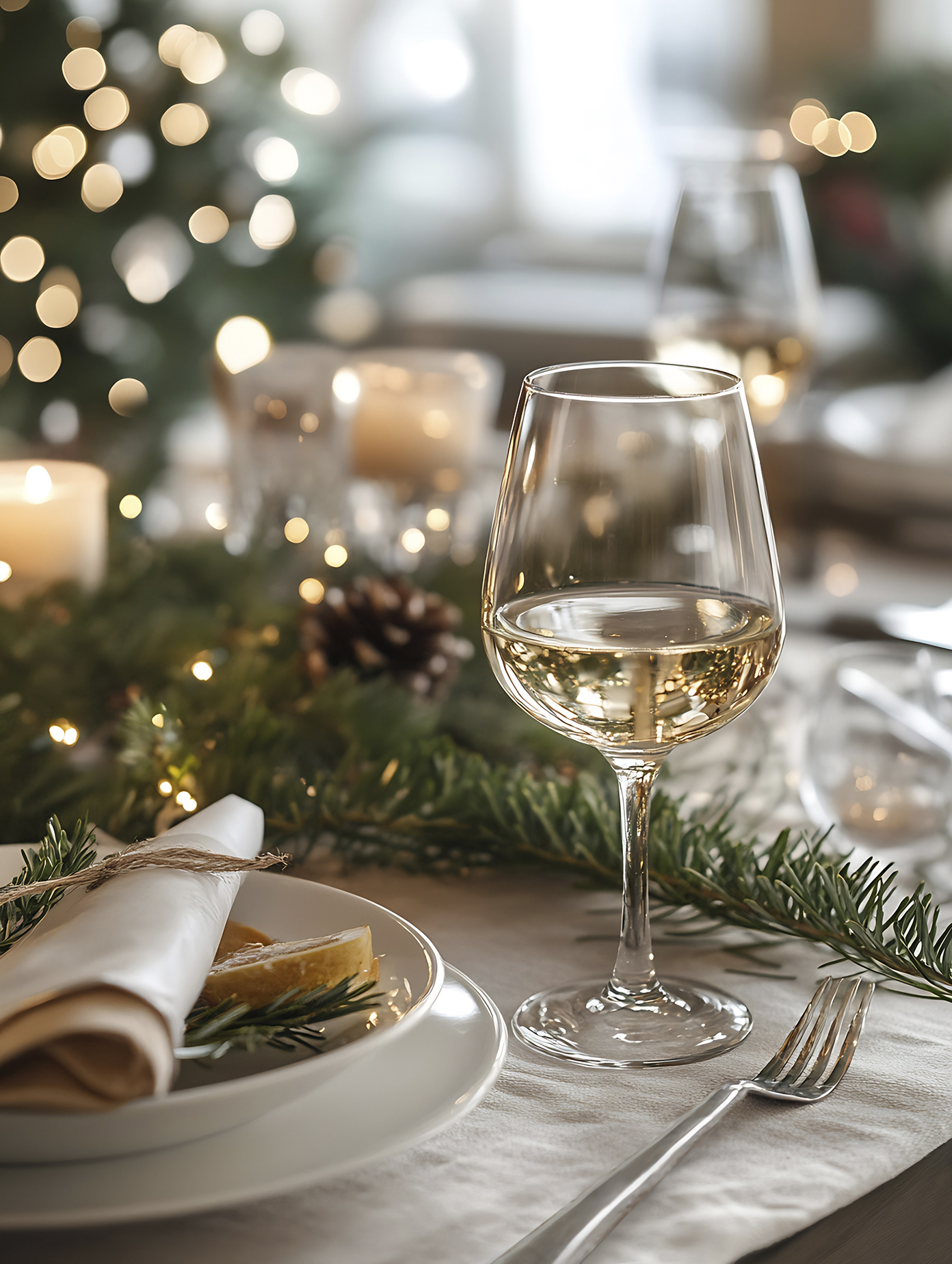 Glas Wein steht auf einem weihnachtlich dekorierten Tisch